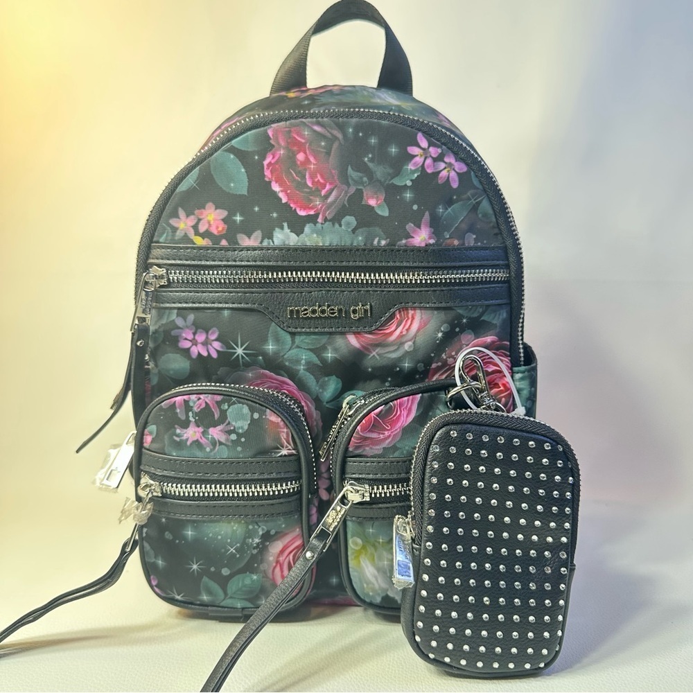 NEW Madden Girl Mini Black Floral Backpack and Removable Jeweled Zipper Pouch